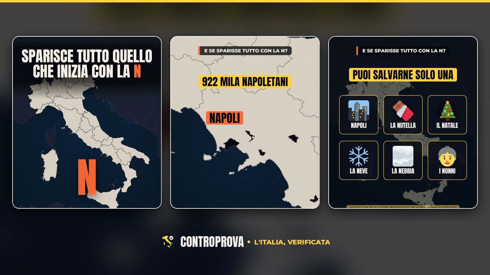 Tre fotogrammi del video: la mappa dell'Italia con una grande N arancione e la scritta «Sparisce tutto quello che inizia con la N»; la costa campana in primo piano con il comune di Napoli annerito, l'etichetta arancione «Napoli» e la scritta «922 mila napoletani»; sei riquadri con le icone di Napoli, della Nutella, del Natale, della neve, della nebbia e dei nonni sotto la scritta «Puoi salvarne solo una»