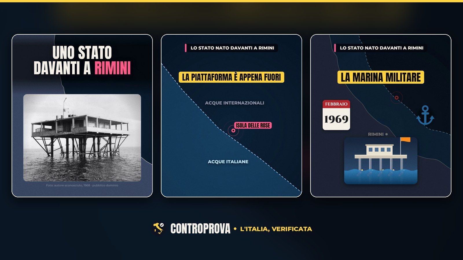 Tre fotogrammi del video: la foto in bianco e nero della piattaforma sui suoi piloni in mezzo al mare nel 1968, sotto il titolo «Uno Stato davanti a Rimini»; la mappa ravvicinata con la linea tratteggiata che separa acque italiane e acque internazionali e il punto dell'Isola delle Rose appena fuori, con la scritta «La piattaforma è appena fuori»; un calendario di febbraio 1969, un'àncora e il disegno della piattaforma sui piloni in mare, sotto la scritta «La Marina militare»