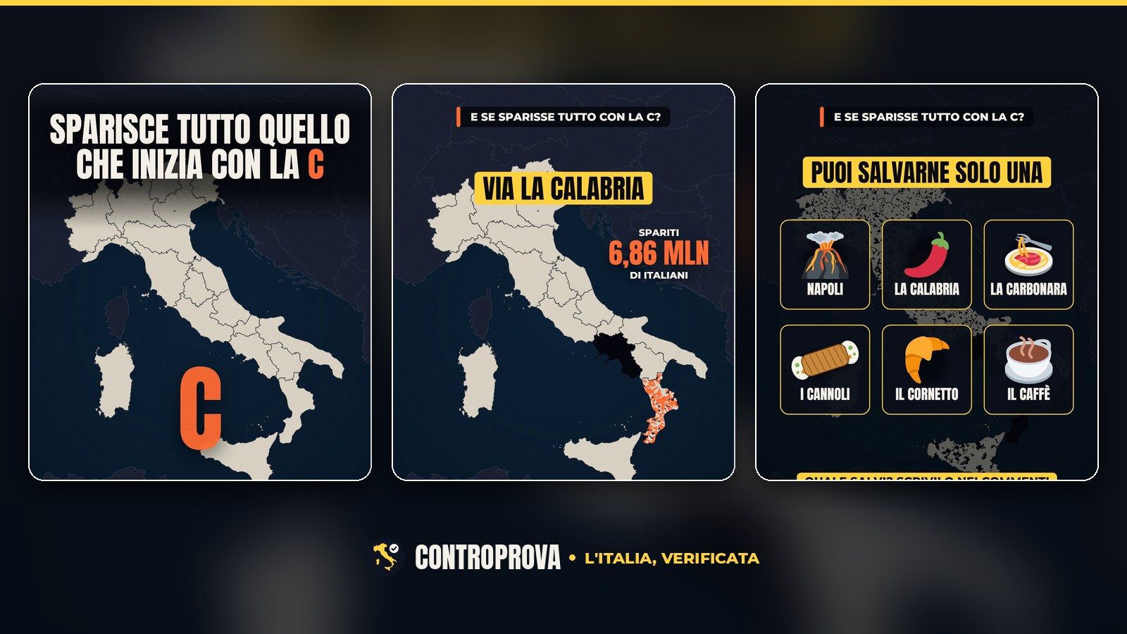 Tre fotogrammi del video: la mappa dell'Italia con una grande C arancione e il titolo «Sparisce tutto quello che inizia con la C»; la mappa con la Campania annerita, la Calabria in arancione, la scritta «Via la Calabria» e il contatore «spariti 6,86 mln di italiani»; sei riquadri con le icone di Napoli, la Calabria, la carbonara, i cannoli, il cornetto e il caffè sotto la scritta «Puoi salvarne solo una»