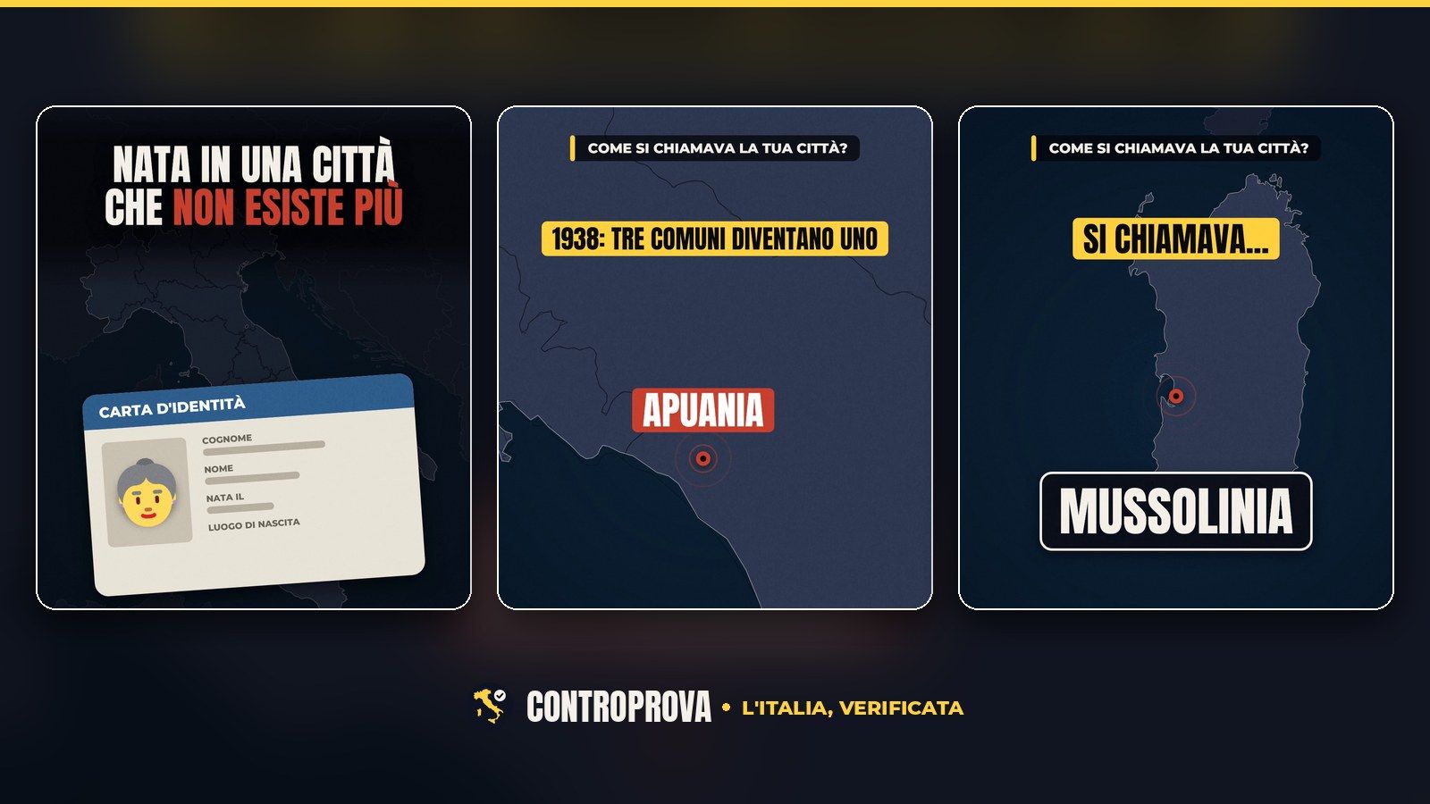 Tre fotogrammi del video: una carta d'identità disegnata con la foto stilizzata di una signora anziana sotto il titolo «Nata in una città che non esiste più»; la mappa della costa toscana intorno a Massa con la scritta «1938: tre comuni diventano uno» e il nome Apuania in rosso; la mappa della Sardegna con un punto sulla costa ovest, la scritta «Si chiamava...» e il nome Mussolinia