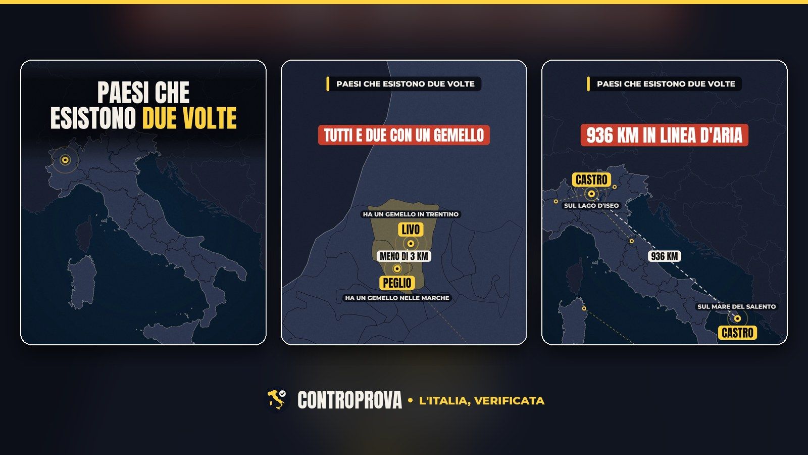 Tre fotogrammi del video: la mappa d'Italia con il titolo «Paesi che esistono due volte»; i confini dei comuni della provincia di Como con Livo e Peglio evidenziati, a meno di 3 km, e la scritta «Tutti e due con un gemello»; la linea tratteggiata di 936 km tra Castro sul lago d'Iseo e Castro nel Salento