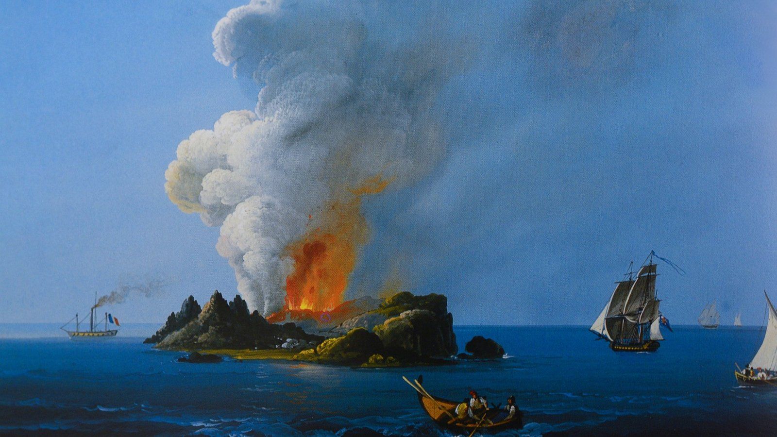 Dipinto a gouache: da un isolotto di roccia in mezzo al mare si alzano fiamme e una grande colonna di fumo bianco; intorno un piroscafo, alcuni velieri e una barca a remi con quattro uomini