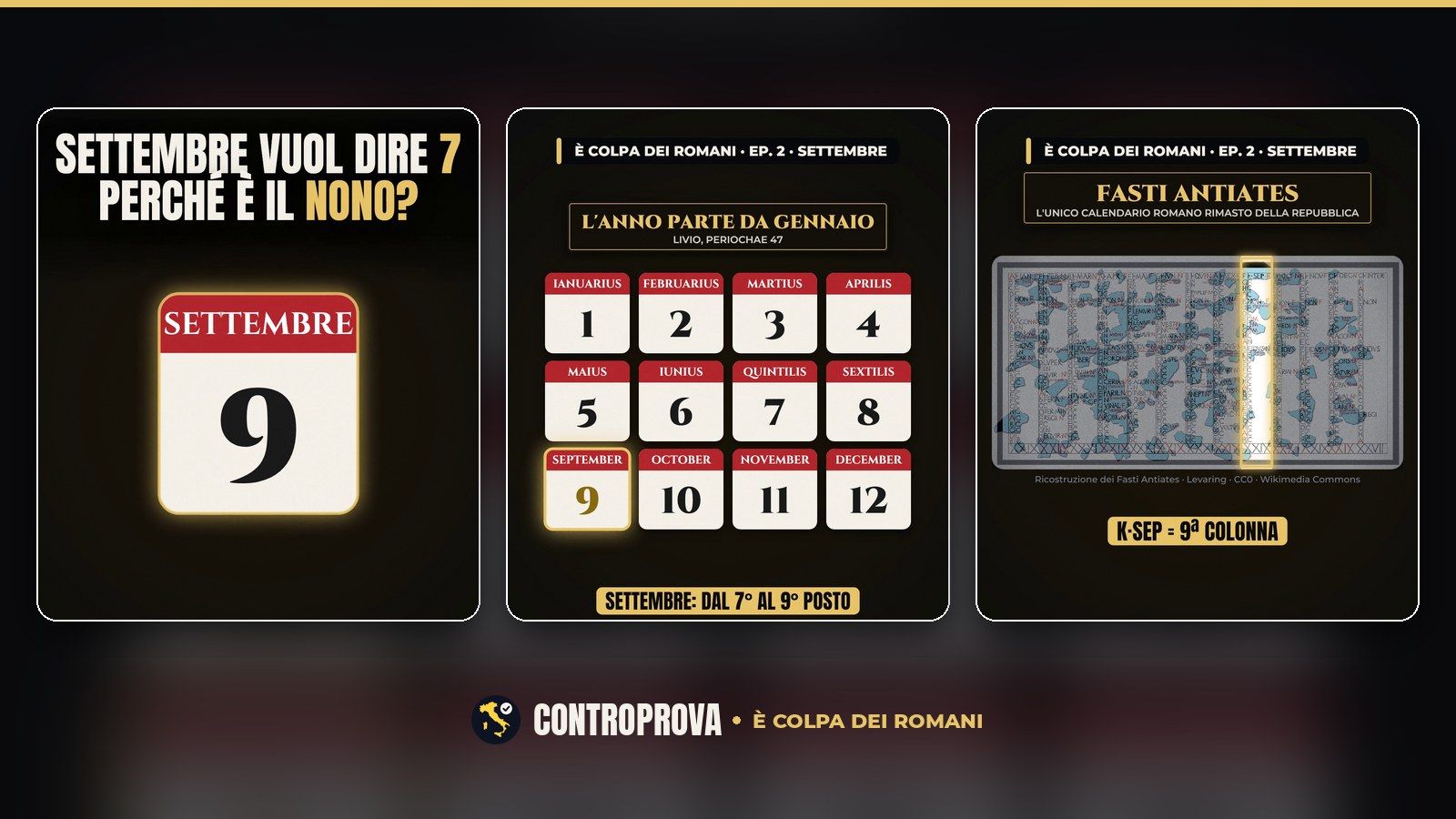 Tre fotogrammi del video: la tessera di calendario SETTEMBRE con un grande 9 sotto la domanda «Settembre vuol dire 7, perché è il nono?»; i dodici mesi da IANUARIUS a DECEMBER con SEPTEMBER evidenziato al nono posto; la ricostruzione dei Fasti Antiates con la colonna di settembre, la nona, evidenziata in oro
