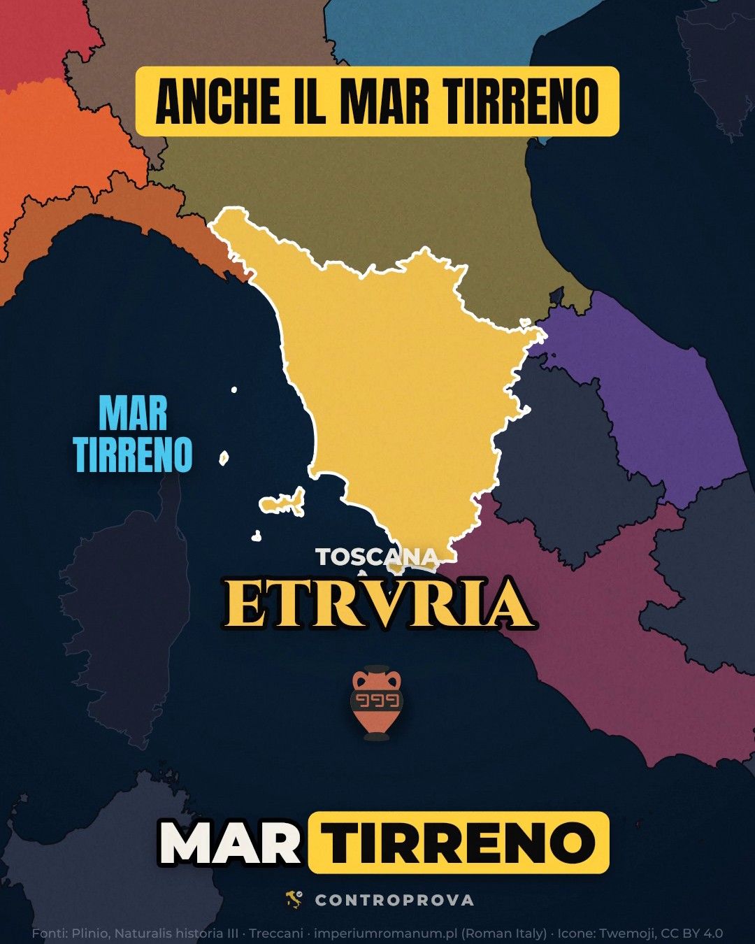 Mappa della Toscana in giallo con la scritta ETRVRIA, il mar Tirreno indicato a ovest e l'icona di un'anfora