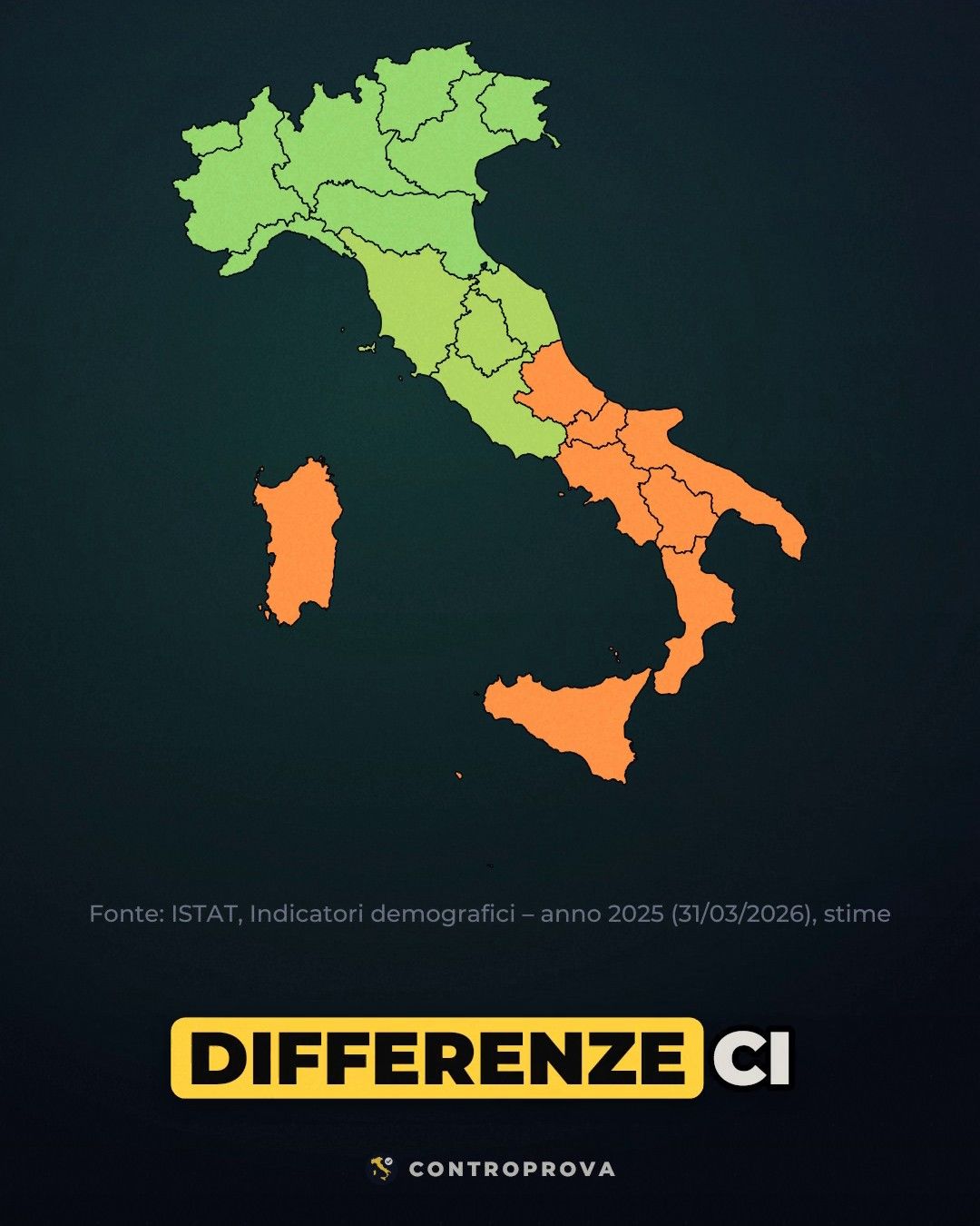 Mappa dell'Italia divisa per macroarea: le regioni del Nord in verde, quelle del Centro in verde chiaro, quelle del Mezzogiorno e le isole in arancione