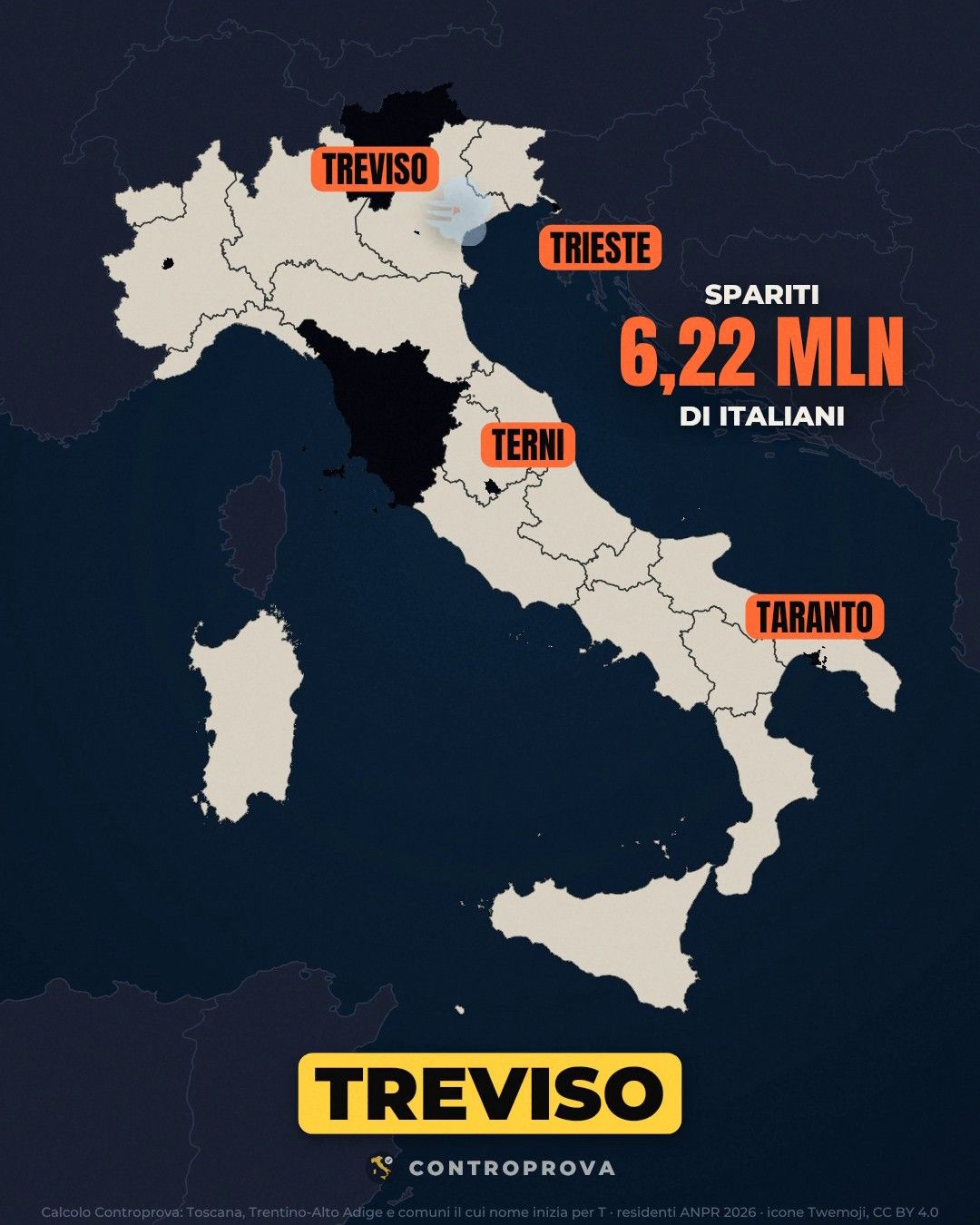 Mappa dell'Italia con la Toscana e il Trentino-Alto Adige anneriti e piccole macchie nere su Torino e Terni, le etichette arancioni di Treviso, Trieste, Terni e Taranto, il contatore «spariti 6,22 mln di italiani» e in basso il sottotitolo «Treviso»