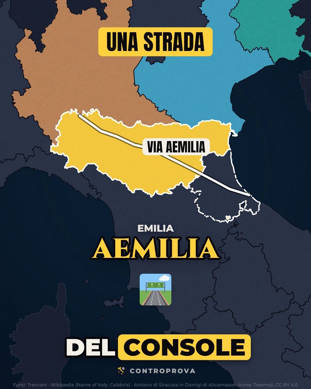 Mappa dell'Emilia-Romagna in giallo attraversata dalla linea bianca della Via Aemilia, con le scritte UNA STRADA, EMILIA e AEMILIA e l'icona di una strada