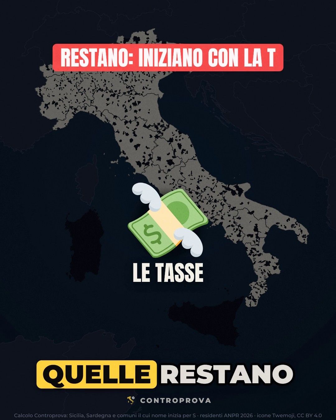 Mappa dell'Italia con Sicilia e Sardegna annerite e centinaia di comuni neri sparsi in tutte le altre regioni, il titolo rosso «Restano: iniziano con la T», al centro l'icona di una banconota con le ali e la scritta «Le tasse», in basso il sottotitolo «Quelle restano»