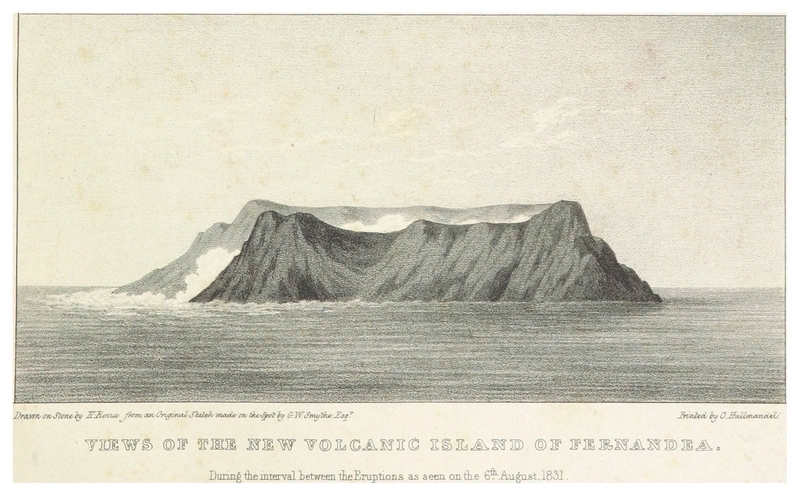 Litografia in bianco e nero: un'isola dai fianchi ripidi e dalla cima piatta in mezzo al mare calmo, con un po' di vapore sul lato sinistro