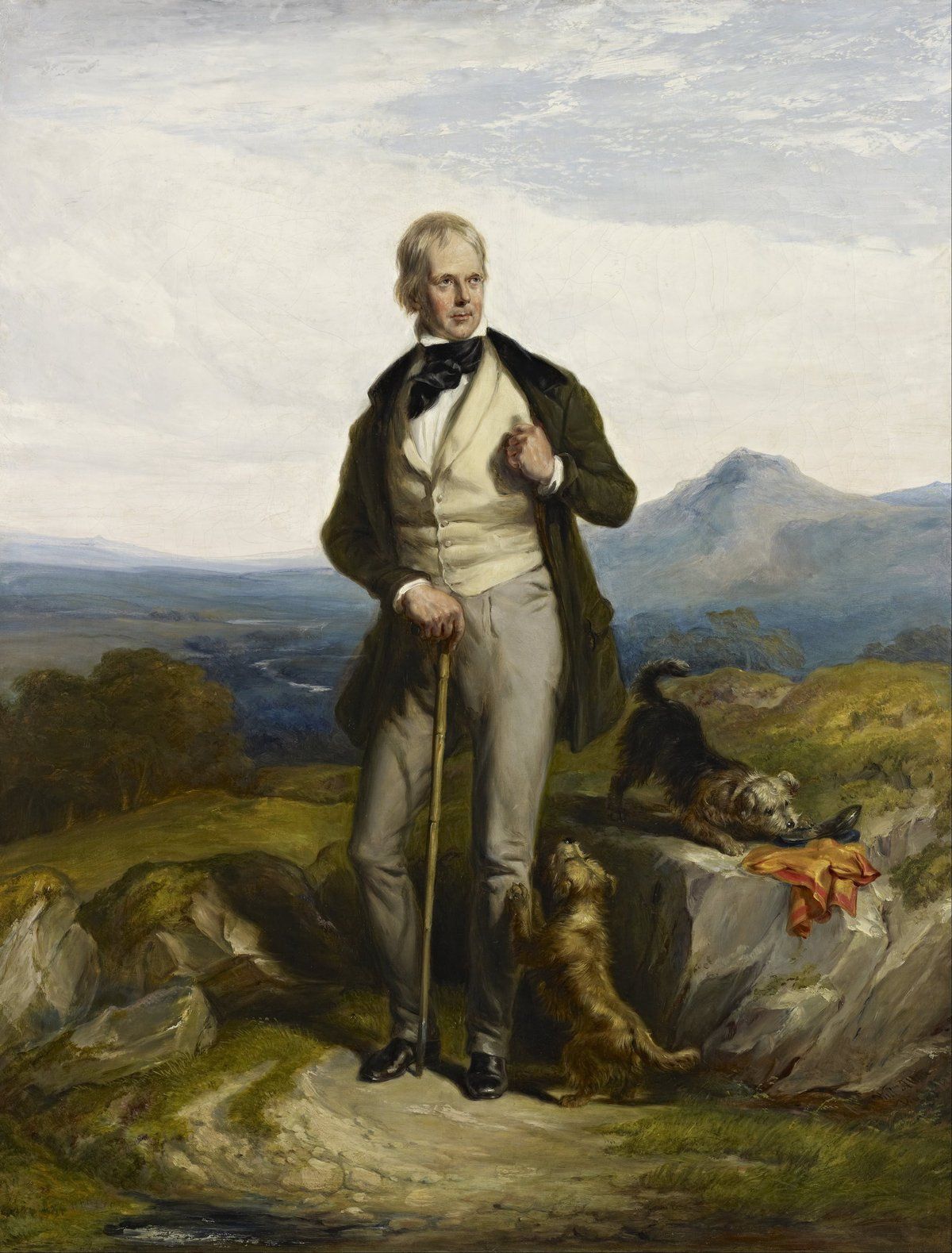 Ritratto a olio di Walter Scott in piedi su un'altura, con un bastone e una giacca scura, accanto a due cani, con le colline sullo sfondo